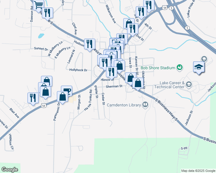 map of restaurants, bars, coffee shops, grocery stores, and more near 212 Court Avenue in Camdenton