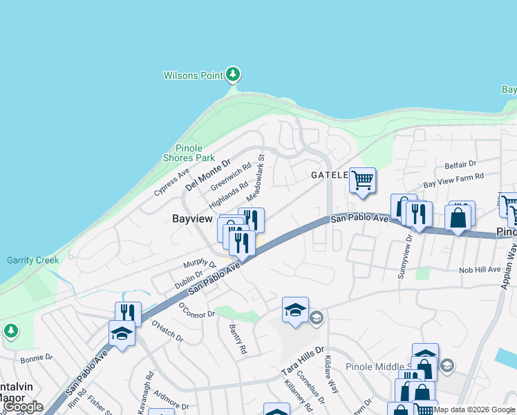 map of restaurants, bars, coffee shops, grocery stores, and more near 29 Oakmont Court in San Pablo