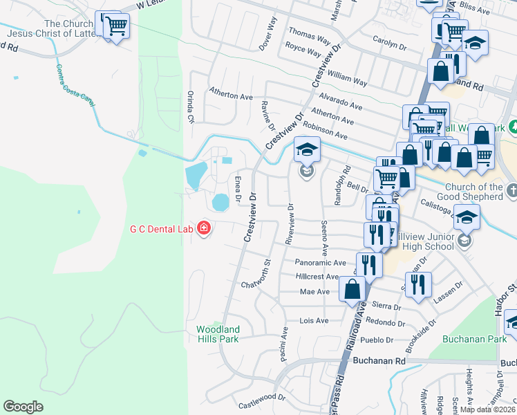 map of restaurants, bars, coffee shops, grocery stores, and more near 3791 Crestview Drive in Pittsburg