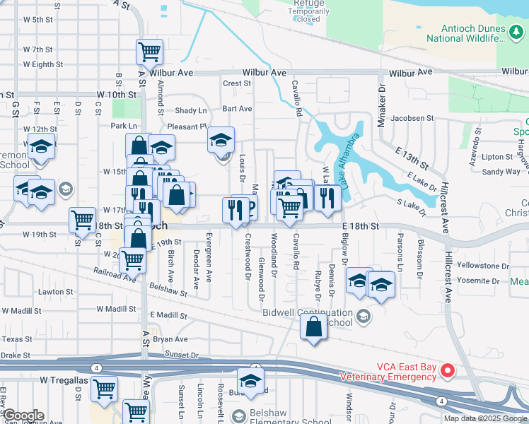 map of restaurants, bars, coffee shops, grocery stores, and more near 1702 Wisner Drive in Antioch