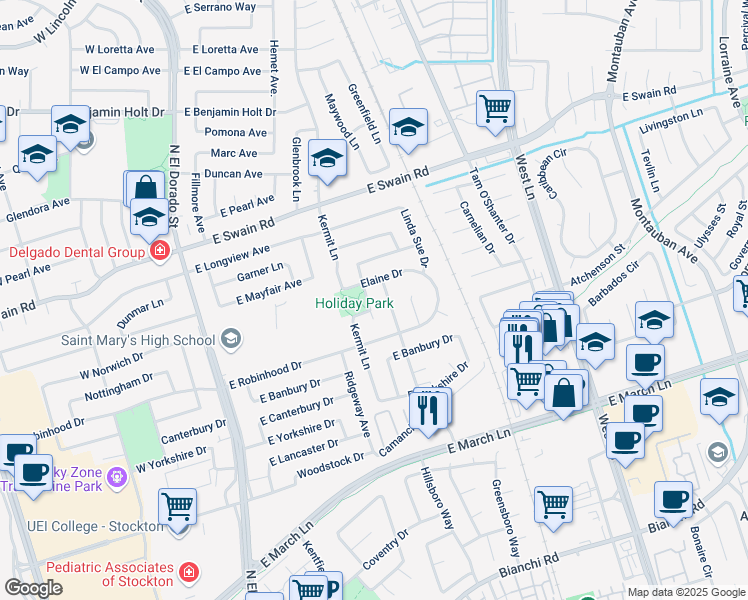 map of restaurants, bars, coffee shops, grocery stores, and more near 5654 Kermit Lane in Stockton