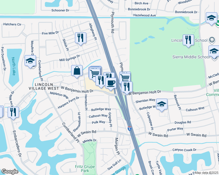 map of restaurants, bars, coffee shops, grocery stores, and more near 3121 West Benjamin Holt Drive in Stockton