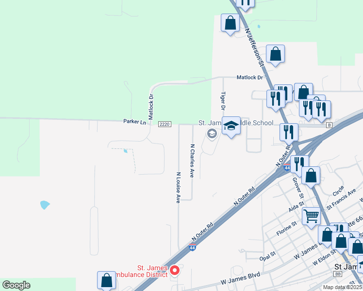 map of restaurants, bars, coffee shops, grocery stores, and more near 616 North Louise Avenue in Saint James