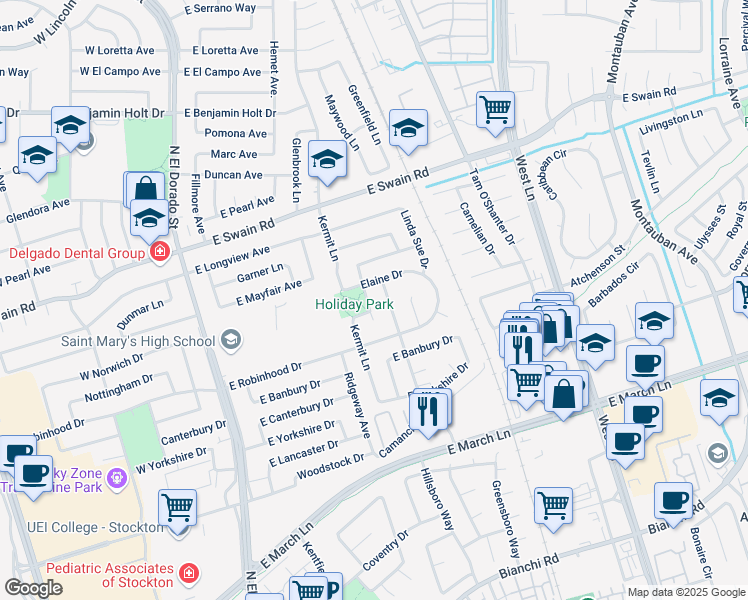 map of restaurants, bars, coffee shops, grocery stores, and more near 5654 Kermit Lane in Stockton