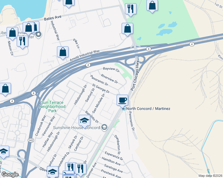 map of restaurants, bars, coffee shops, grocery stores, and more near 2362 Saint George Drive in Concord