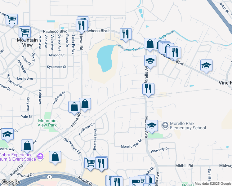 map of restaurants, bars, coffee shops, grocery stores, and more near 4 Lagunita Court in Martinez