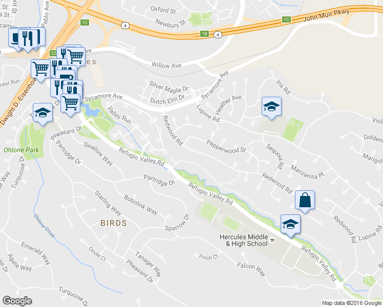 map of restaurants, bars, coffee shops, grocery stores, and more near 1754 Redwood Road in Hercules