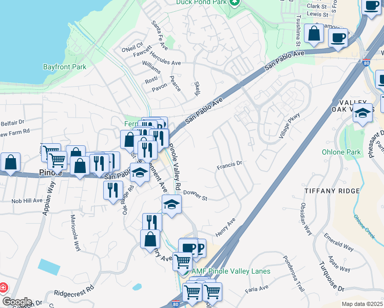 map of restaurants, bars, coffee shops, grocery stores, and more near 800 John Street in Pinole