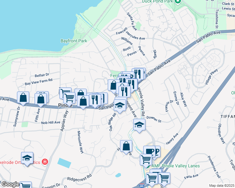 map of restaurants, bars, coffee shops, grocery stores, and more near 668 Quinan Street in Pinole