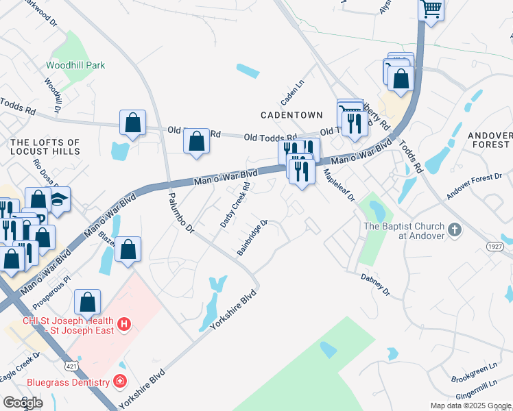 map of restaurants, bars, coffee shops, grocery stores, and more near 321 Bainbridge Drive in Lexington