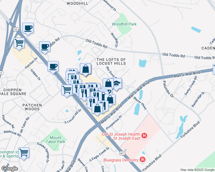 map of restaurants, bars, coffee shops, grocery stores, and more near 121 Sand Lake Drive in Lexington