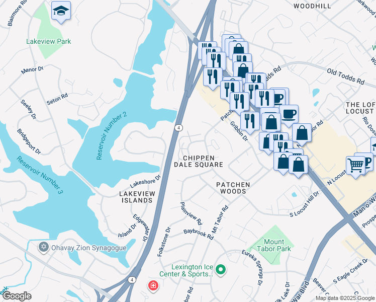 map of restaurants, bars, coffee shops, grocery stores, and more near 251 Chippendale Circle in Lexington