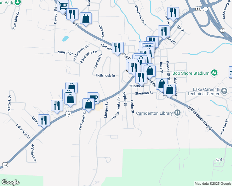 map of restaurants, bars, coffee shops, grocery stores, and more near 251-355 U.S. 54 in Camdenton