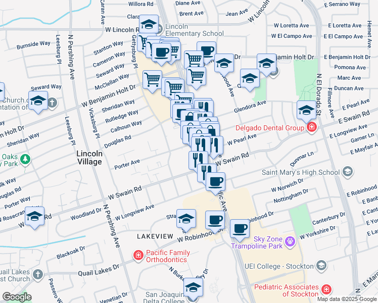 map of restaurants, bars, coffee shops, grocery stores, and more near 756 Porter Avenue in Stockton