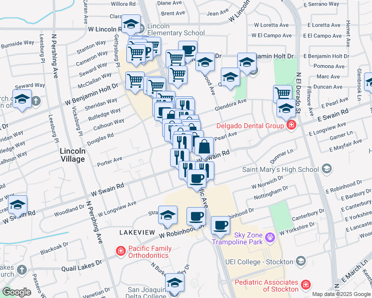 map of restaurants, bars, coffee shops, grocery stores, and more near 6123 Pacific Avenue in Stockton