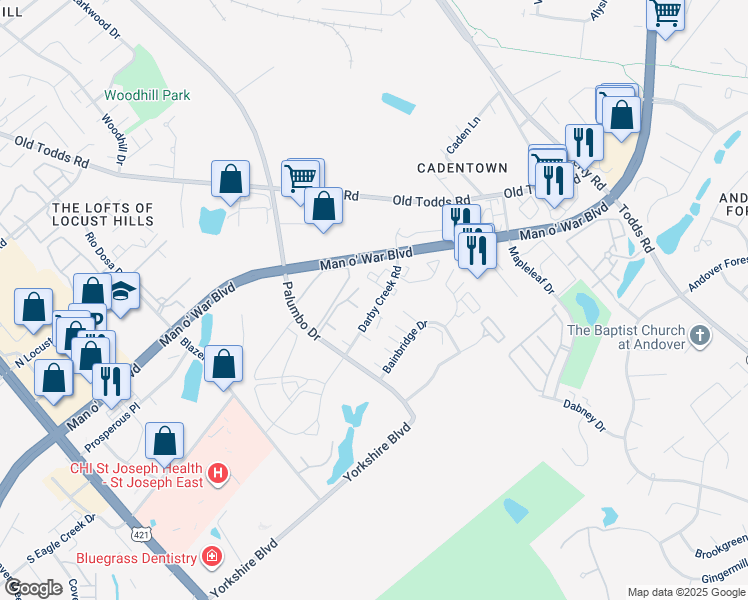 map of restaurants, bars, coffee shops, grocery stores, and more near 413 Darby Creek Road in Lexington