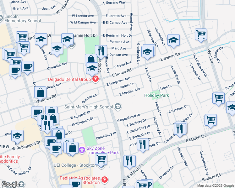 map of restaurants, bars, coffee shops, grocery stores, and more near 205 East Mayfair Avenue in Stockton