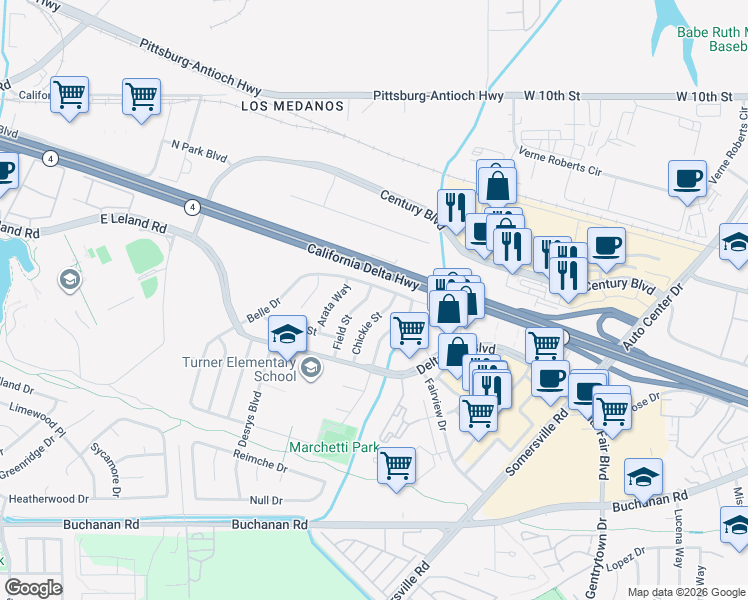 map of restaurants, bars, coffee shops, grocery stores, and more near 2005 Field Street in Antioch