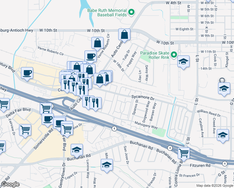 map of restaurants, bars, coffee shops, grocery stores, and more near in Antioch