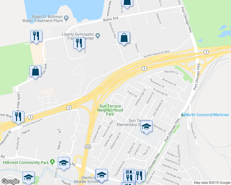 map of restaurants, bars, coffee shops, grocery stores, and more near 3687 Montreal Circle in Concord