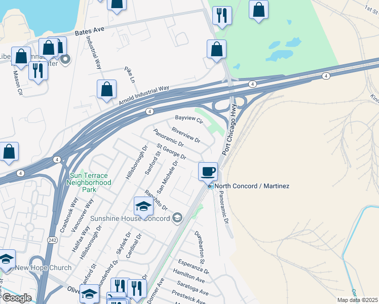 map of restaurants, bars, coffee shops, grocery stores, and more near 2361 Panoramic Drive in Concord