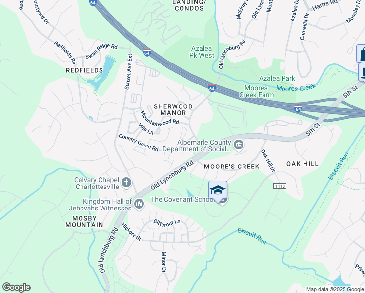 map of restaurants, bars, coffee shops, grocery stores, and more near 625 Country Green Road in Charlottesville