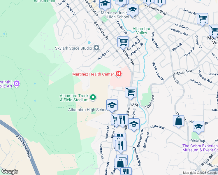 map of restaurants, bars, coffee shops, grocery stores, and more near 107 C Street in Martinez