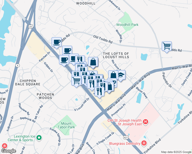 map of restaurants, bars, coffee shops, grocery stores, and more near 2909 Richmond Road in Lexington