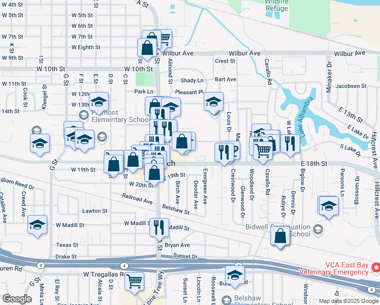 map of restaurants, bars, coffee shops, grocery stores, and more near 52 East 16th Street in Antioch