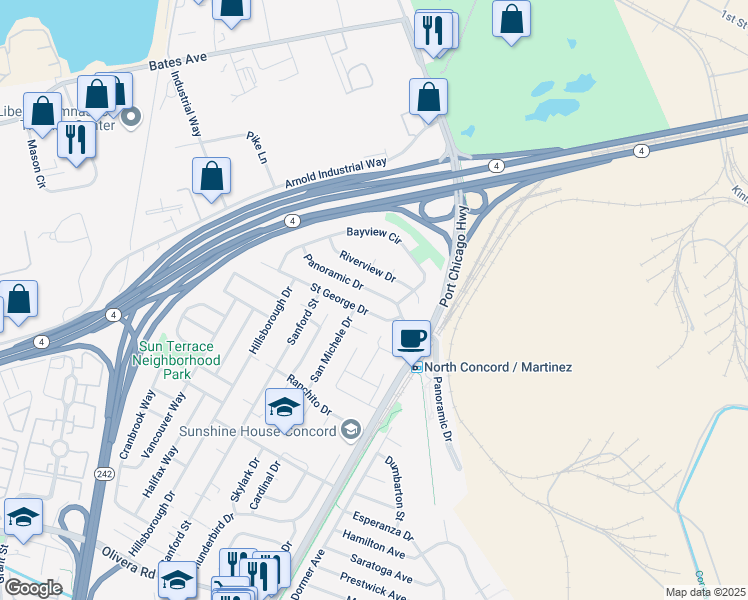 map of restaurants, bars, coffee shops, grocery stores, and more near 2361 Panoramic Drive in Concord