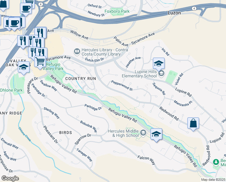 map of restaurants, bars, coffee shops, grocery stores, and more near 1754 Redwood Road in Hercules