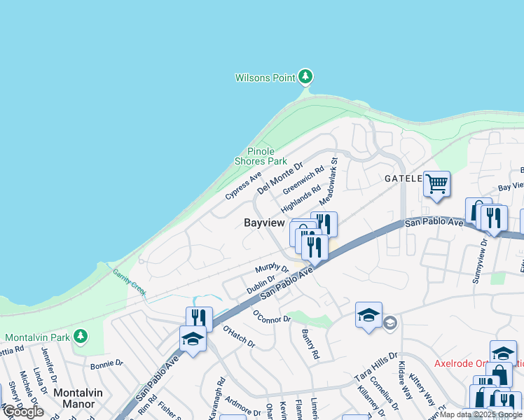 map of restaurants, bars, coffee shops, grocery stores, and more near 2180 Del Monte Drive in San Pablo