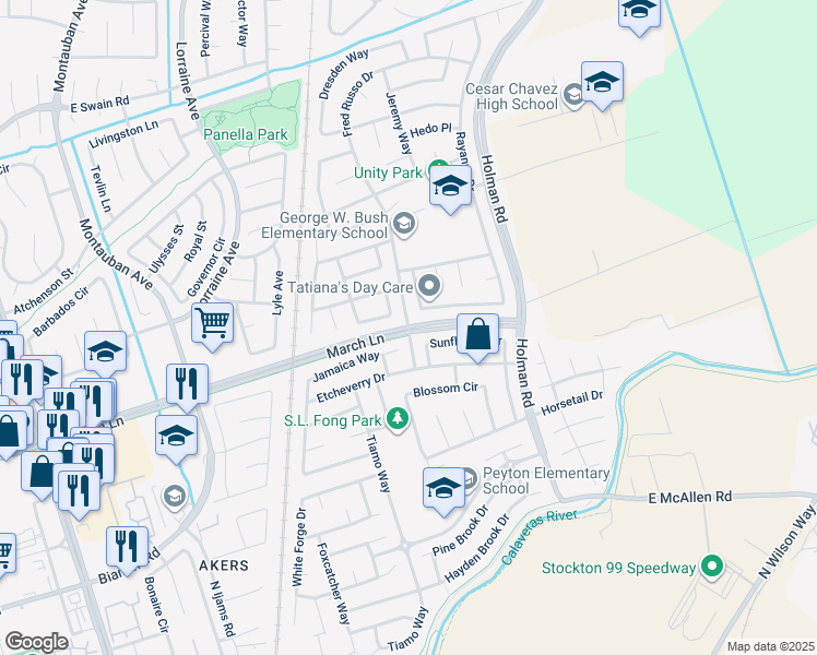 map of restaurants, bars, coffee shops, grocery stores, and more near March Lane & Fred Russo Drive in Stockton