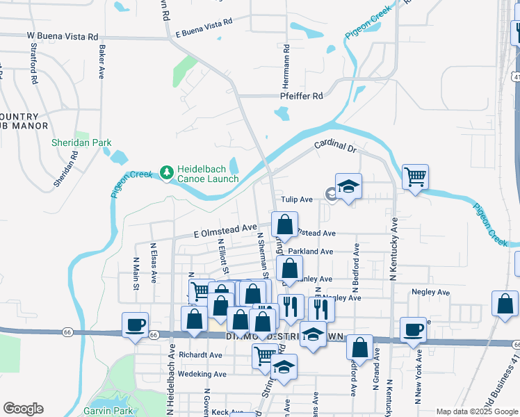 map of restaurants, bars, coffee shops, grocery stores, and more near 2725 North Sherman Street in Evansville