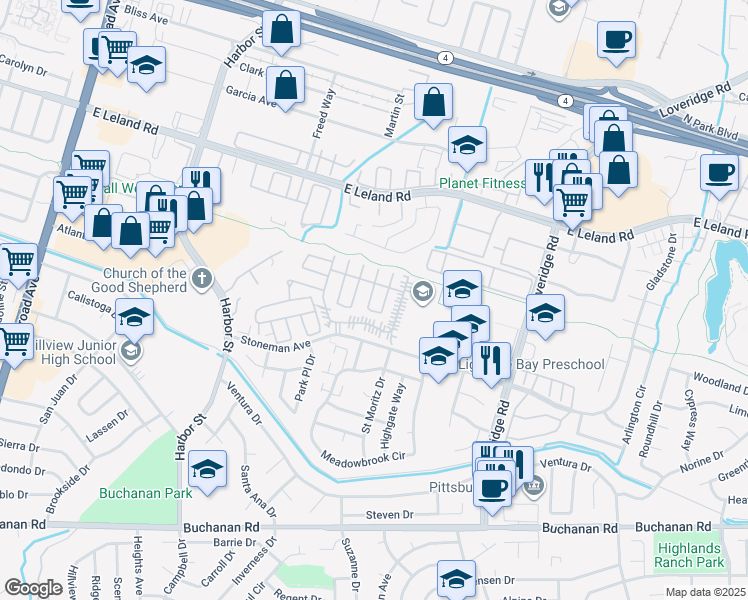 map of restaurants, bars, coffee shops, grocery stores, and more near 77 Hilo Drive in Pittsburg