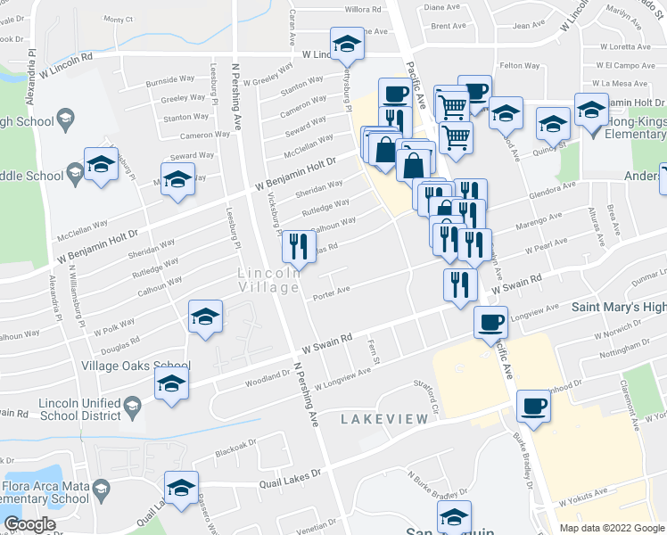 map of restaurants, bars, coffee shops, grocery stores, and more near 6310 Porterfield Court in Stockton