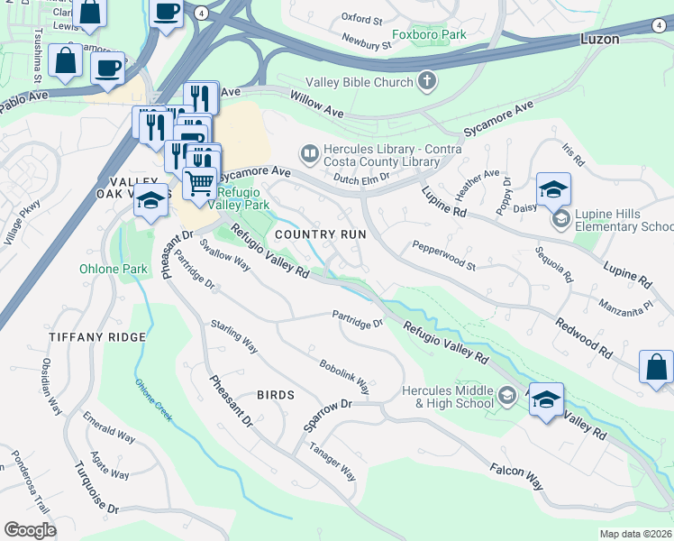 map of restaurants, bars, coffee shops, grocery stores, and more near 6 Basin Court in Hercules