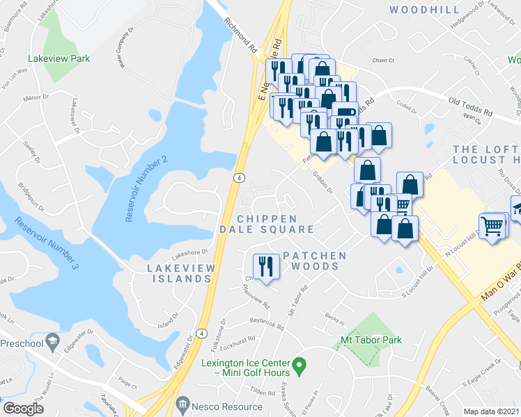 map of restaurants, bars, coffee shops, grocery stores, and more near 251 Chippendale Circle in Lexington