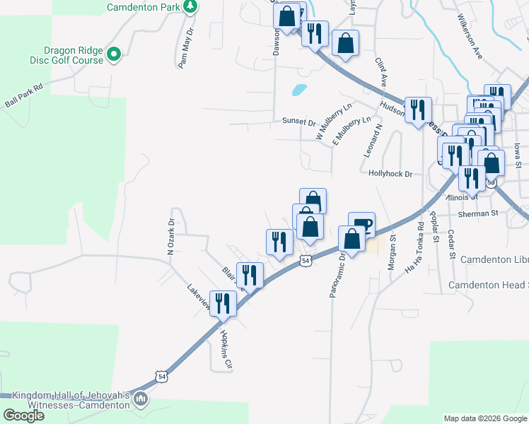 map of restaurants, bars, coffee shops, grocery stores, and more near 315 Lake Rd in Camdenton