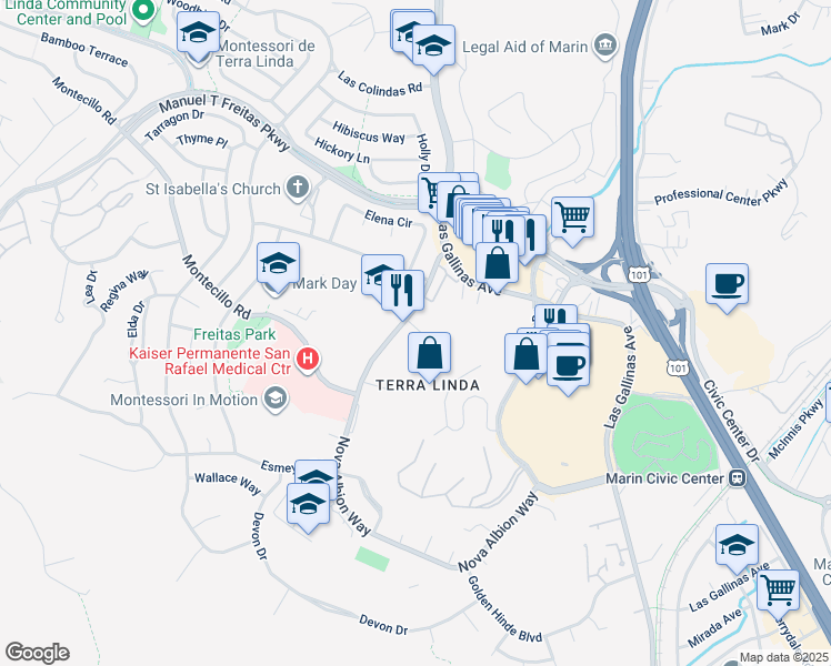 map of restaurants, bars, coffee shops, grocery stores, and more near 155 Nova Albion Way in San Rafael