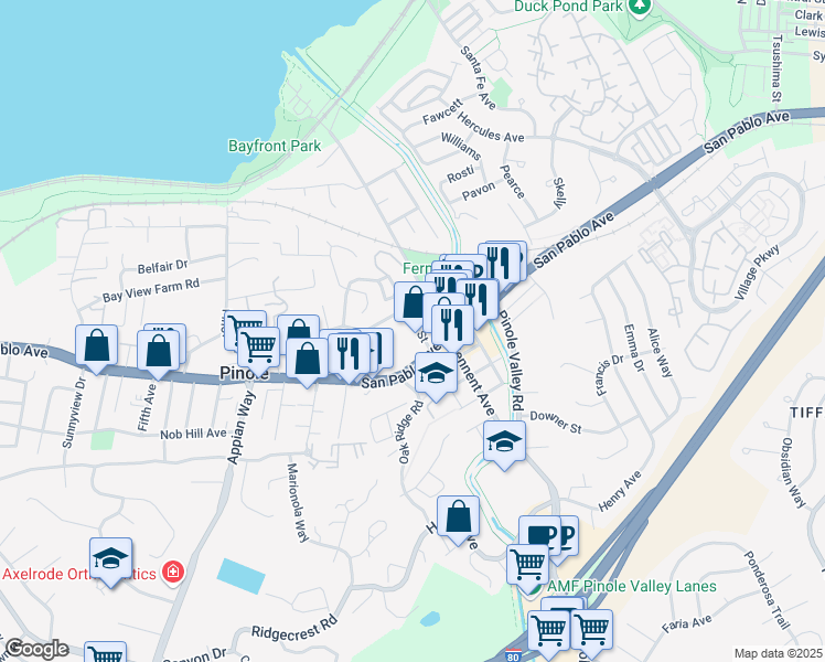 map of restaurants, bars, coffee shops, grocery stores, and more near 644 Quinan Street in Pinole