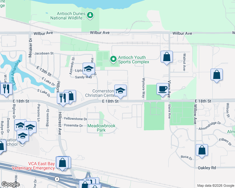 map of restaurants, bars, coffee shops, grocery stores, and more near 1715 East 18th Street in Antioch