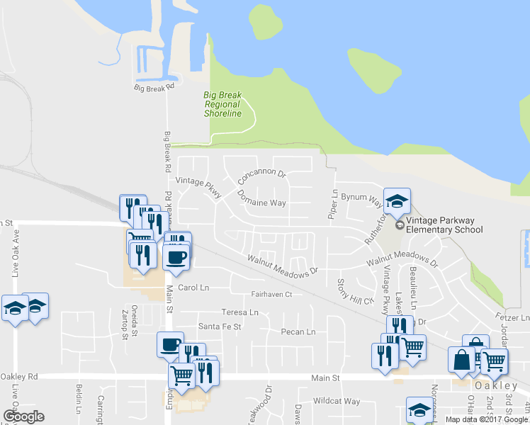 map of restaurants, bars, coffee shops, grocery stores, and more near 1738 Chandon Way in Oakley