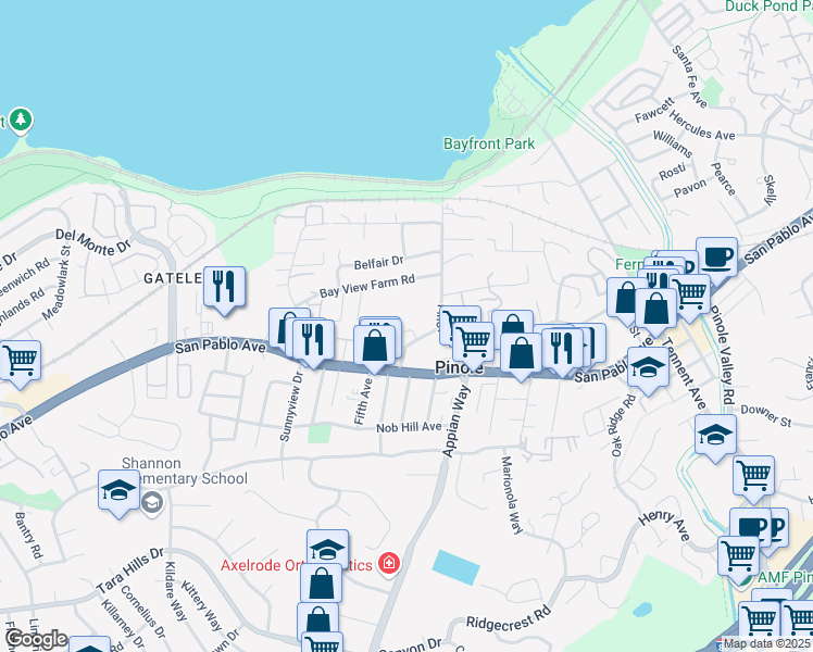 map of restaurants, bars, coffee shops, grocery stores, and more near 1314 Hansen Place in Pinole