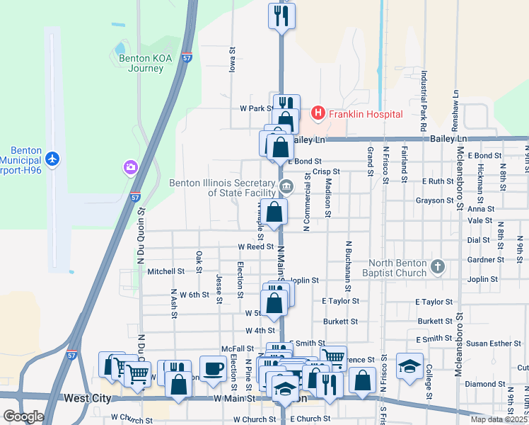 map of restaurants, bars, coffee shops, grocery stores, and more near W Grayson St in Benton