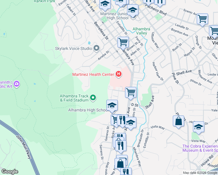 map of restaurants, bars, coffee shops, grocery stores, and more near 107 C Street in Martinez