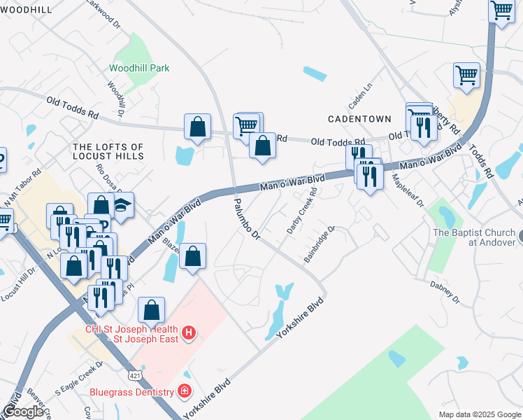 map of restaurants, bars, coffee shops, grocery stores, and more near 2845 Palumbo Drive in Lexington