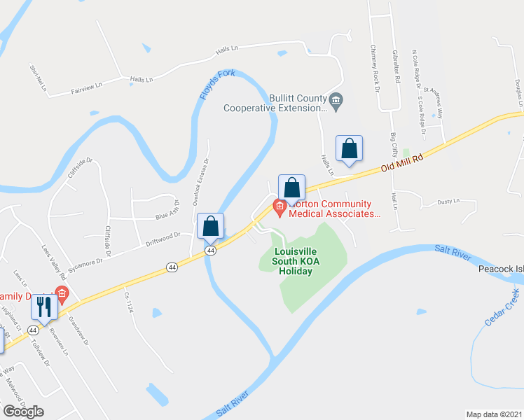 map of restaurants, bars, coffee shops, grocery stores, and more near 154 Boardwalk Avenue in Shepherdsville