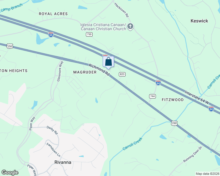 map of restaurants, bars, coffee shops, grocery stores, and more near 3721 U.S. 250 in Keswick