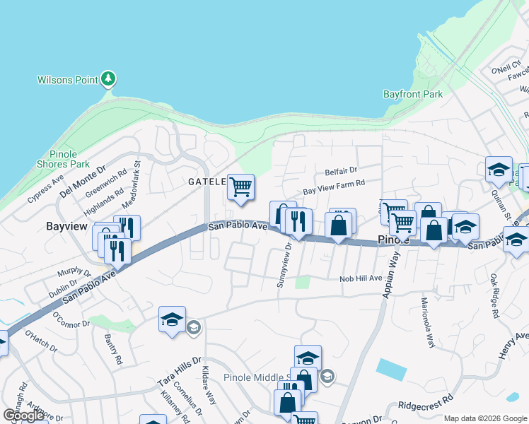 map of restaurants, bars, coffee shops, grocery stores, and more near 806 San Pablo Avenue in Pinole